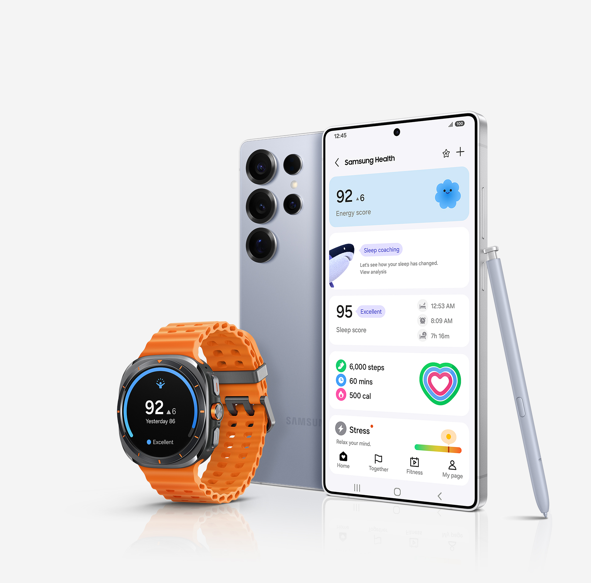 Samsung Galaxy Watch7 shown alongside Galaxy S25 Ultra with embedded S Pen where both are showing the personal Samsung Health app information like the user's Energy Score, Sleep score and fitness tracking.